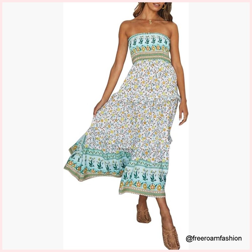 Strapless Maxi Dress Boho Floral Smocked Waist A-Line Summer Beach